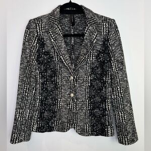Marc Cain black white tweed houndstooth plaid jacket blazer lace detail pearl